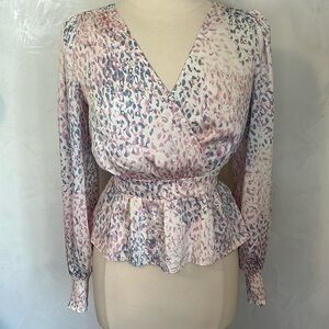 Express ivory,pink,blue faux wrap flare blouse w/Ballon sleeves back tie Size S